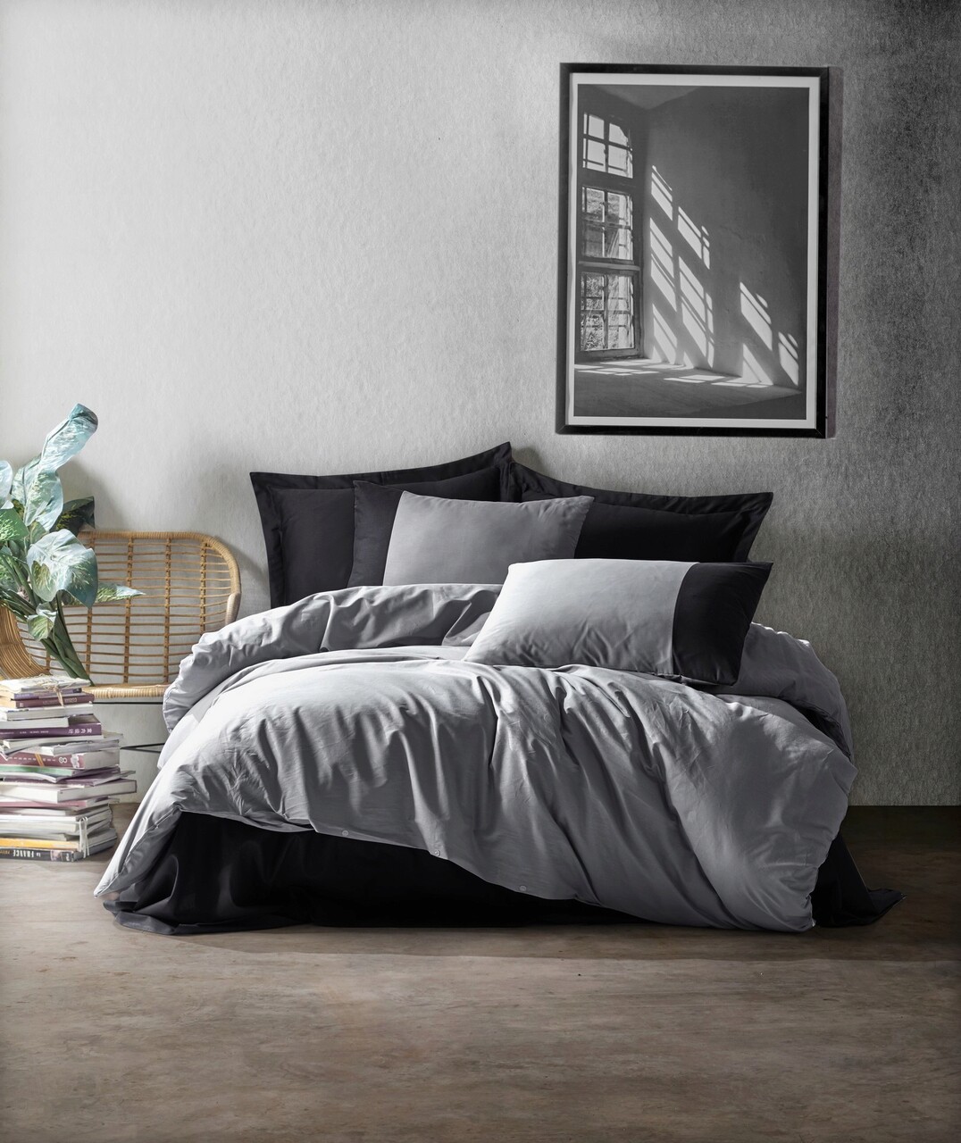 Lenjerie de pat pentru o persoana (DE), L'essentiel Maison, Plain, Gri/Negru - imagine 3